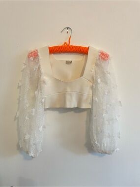Free People Ivory Square-Neck Sheer Puff-Sleeve Crop Top